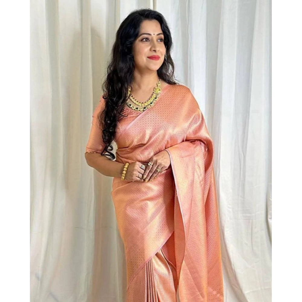 Generic Women's Soft Lichi Silk Printed Saree With Unstitched Blouse 5.5Mtr (Peach)