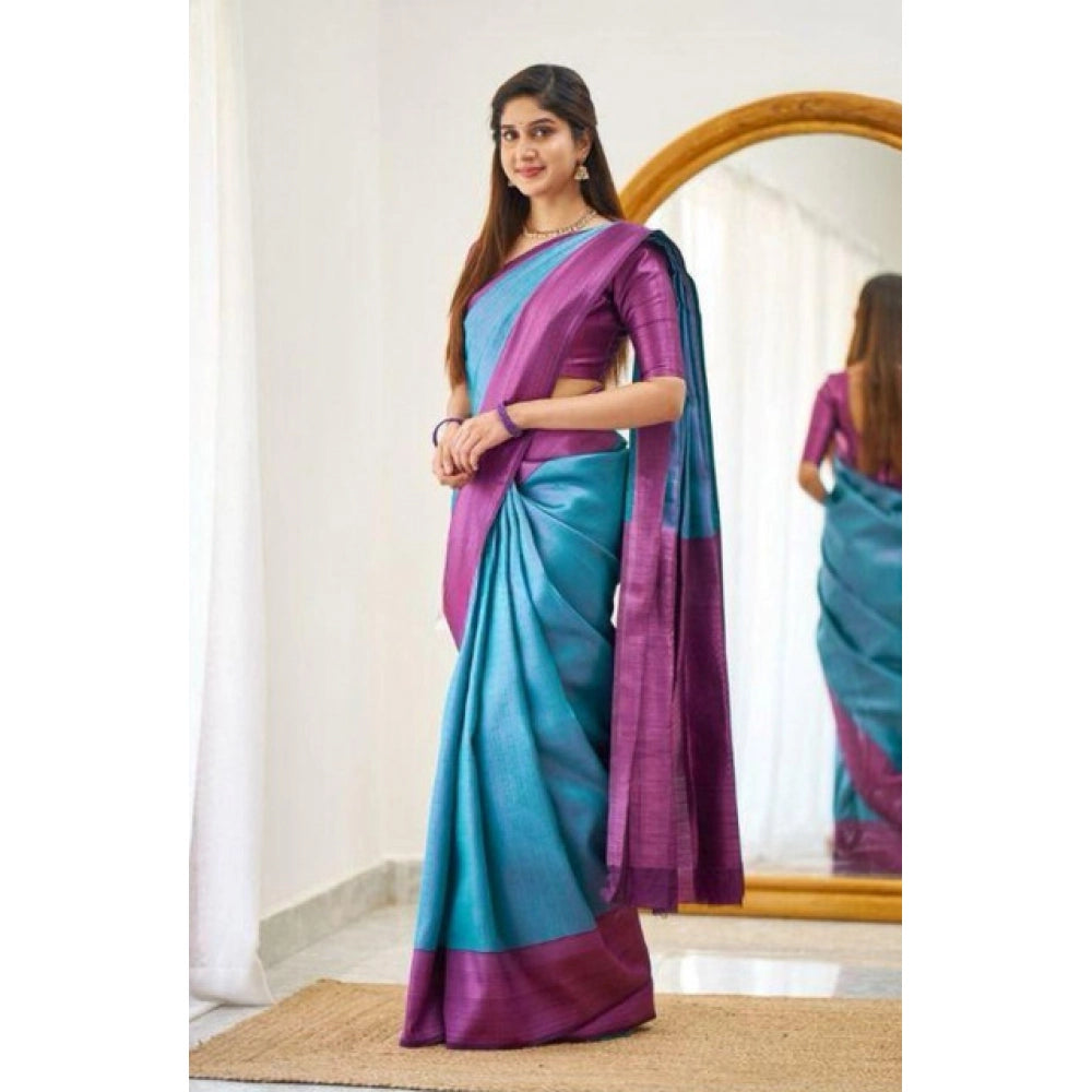 Generic Women's Soft Lichi Silk Printed Saree With Unstitched Blouse 5.5Mtr (Sky-Blue)