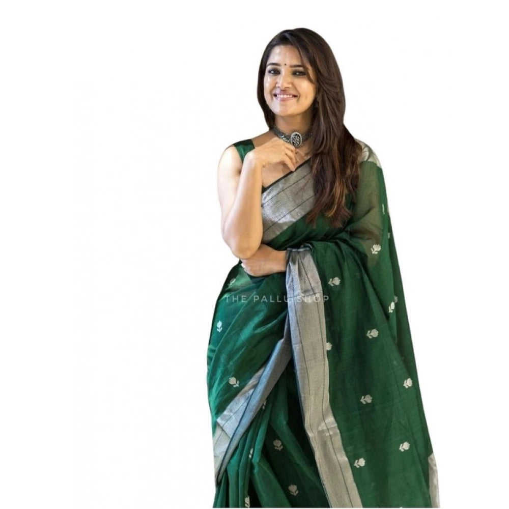 Generic Women's Soft Lichi Silk Printed Saree With Unstitched Blouse 5.5Mtr (Green)