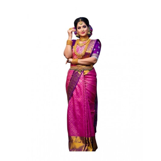 Generic Women's Soft Lichi Silk Printed Saree With Unstitched Blouse 5.5Mtr (Pink)