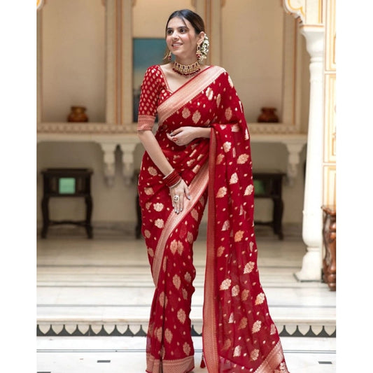Generic Women's Soft Lichi Silk Printed Saree With Unstitched Blouse 5.5Mtr (Red)
