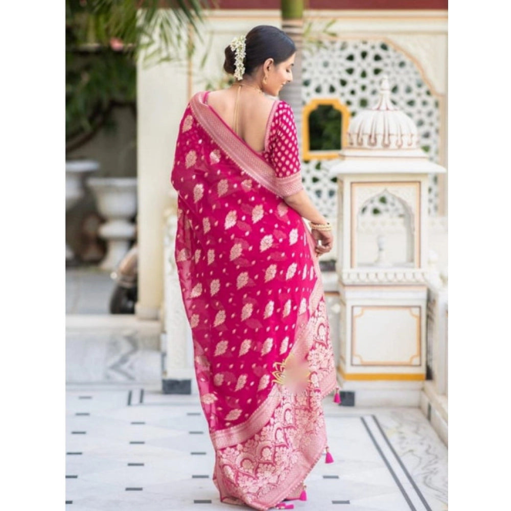 Generic Women's Soft Lichi Silk Printed Saree With Unstitched Blouse 5.5Mtr (Pink)