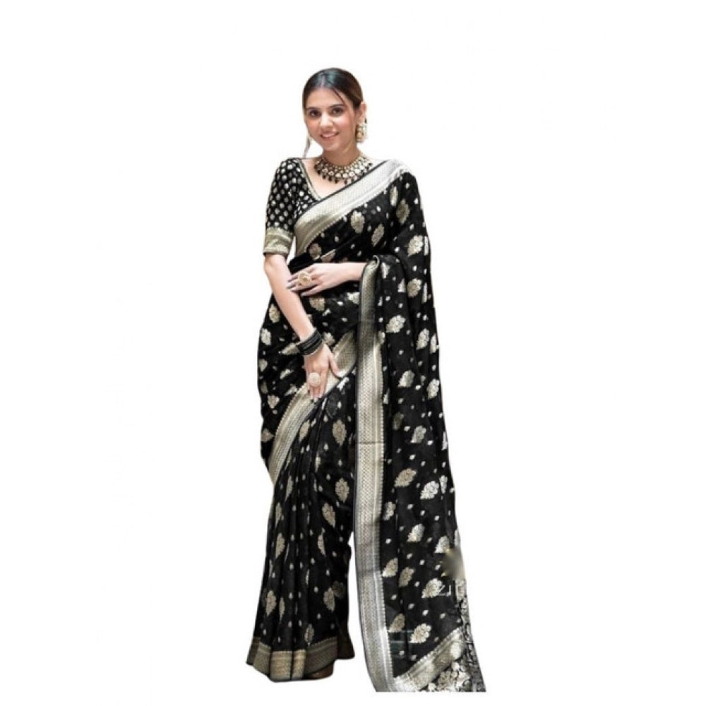 Generic Women's Soft Lichi Silk Printed Saree With Unstitched Blouse 5.5Mtr (Black)