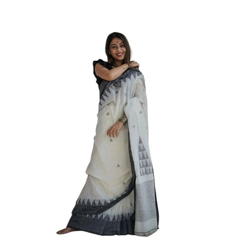 Generic Women's Soft Lilan Printed Saree With Unstitched Blouse 5.5Mtr (White-Black)