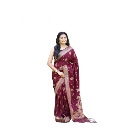 Generic Women's Soft Lichi Silk Printed Saree With Unstitched Blouse 5.5Mtr (Wine)