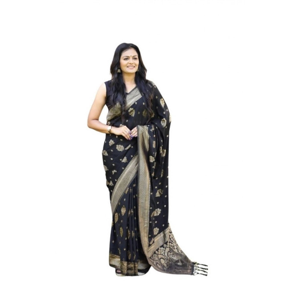 Generic Women's Soft Lichi Silk Printed Saree With Unstitched Blouse 5.5Mtr (Black)
