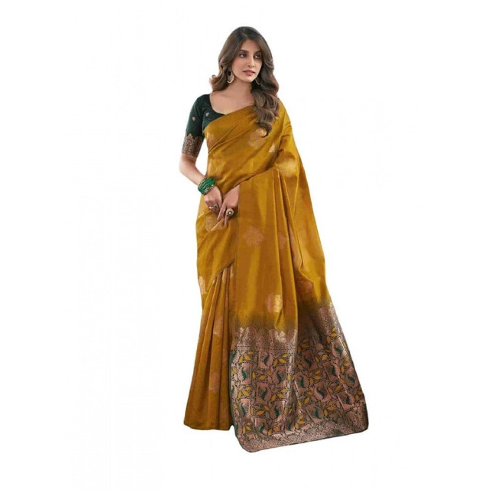 Generic Women's Soft Lichi Silk Printed Saree With Unstitched Blouse 5.5Mtr (Mustard )