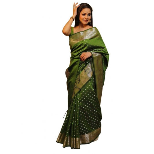 Generic Women's Soft Lichi Silk Printed Saree With Unstitched Blouse 5.5Mtr (Green)