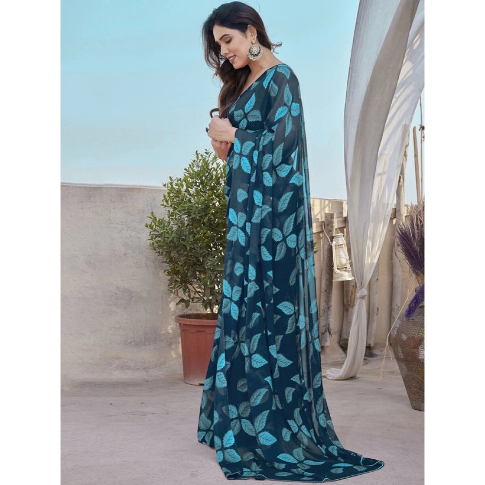 Generic Women's Chiffon Printed Saree With Unstitched Blouse 5.5Mtr (Blue)