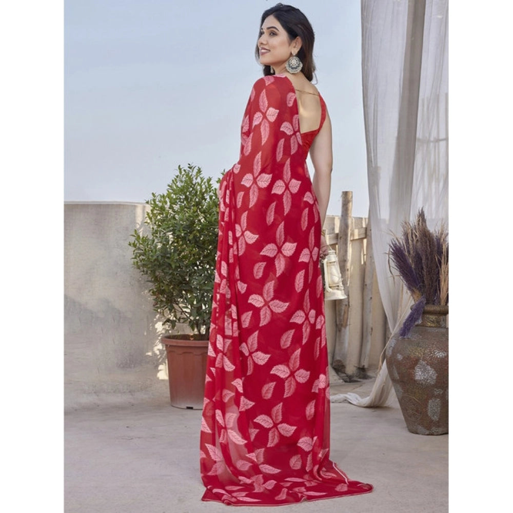 Generic Women's Chiffon Printed Saree With Unstitched Blouse 5.5Mtr (Red)