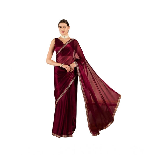 Generic Women's Jimmy Choo solid Saree With Unstitched Blouse 5.5Mtr (Wine )