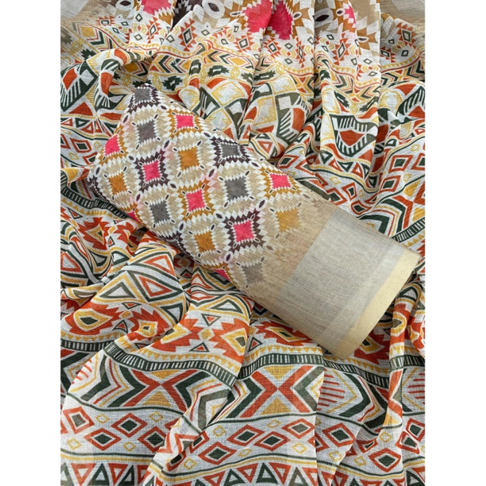 Generic Women's Linen Cotton  Printed Saree With Unstitched Blouse 5.5Mtr (Cream)