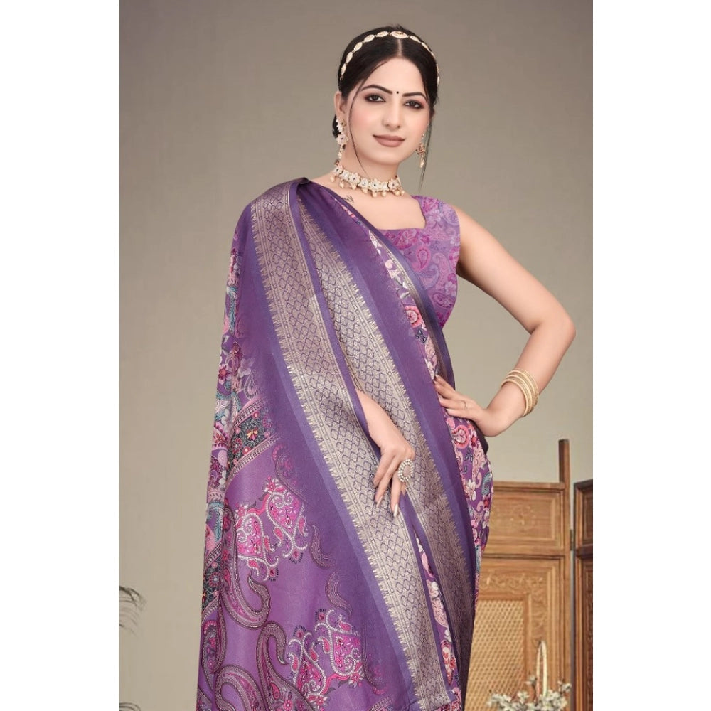 Generic Women's Cotton Silk  Printed Saree With Unstitched Blouse 5.5Mtr (Purple)