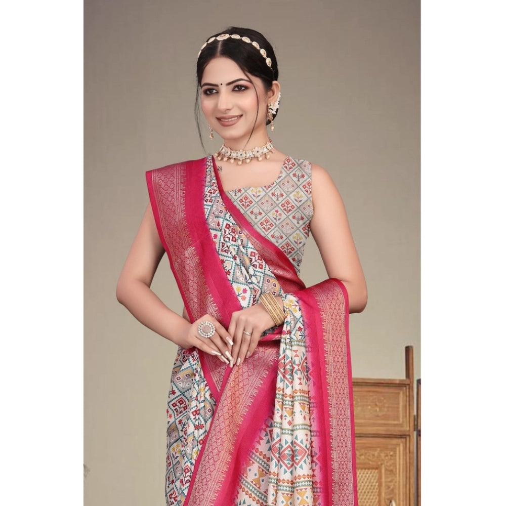 Generic Women's Cotton Silk  Printed Saree With Unstitched Blouse 5.5Mtr (Pink)