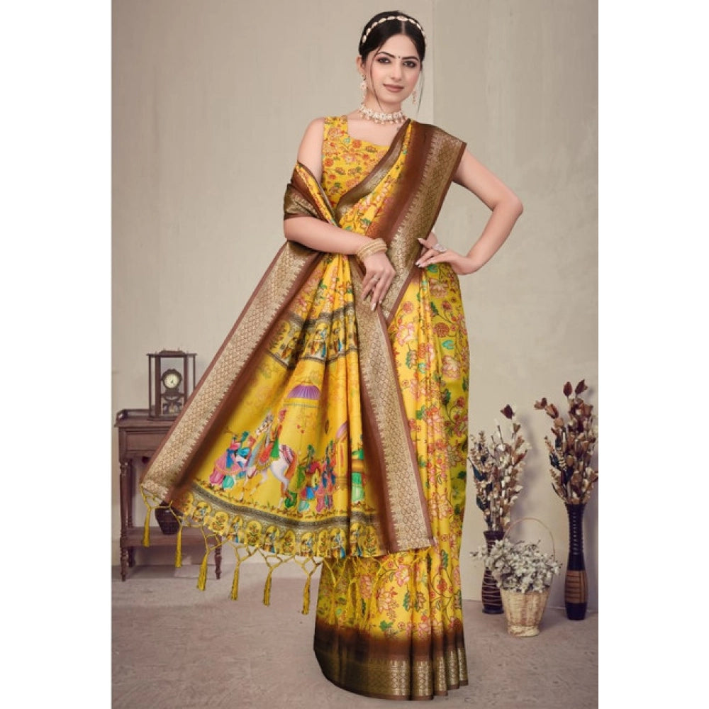 Generic Women's Cotton Silk  Printed Saree With Unstitched Blouse 5.5Mtr (Yellow)