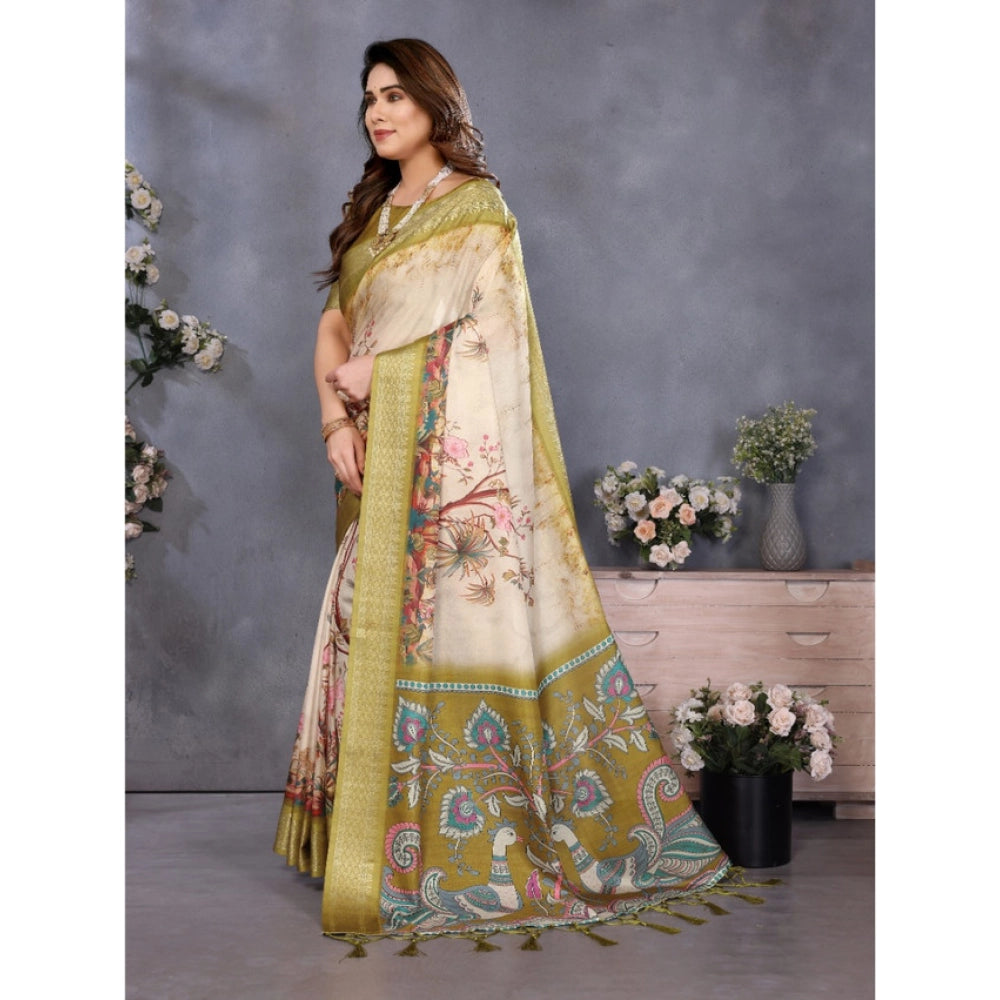 Generic Women's Cotton Silk  Printed Saree With Unstitched Blouse 5.5Mtr (Olive Green)