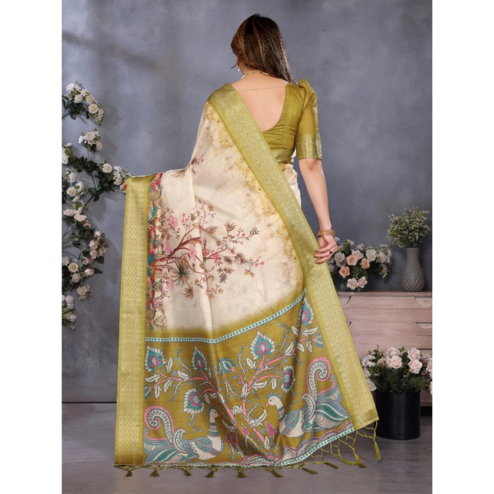 Generic Women's Cotton Silk  Printed Saree With Unstitched Blouse 5.5Mtr (Olive Green)