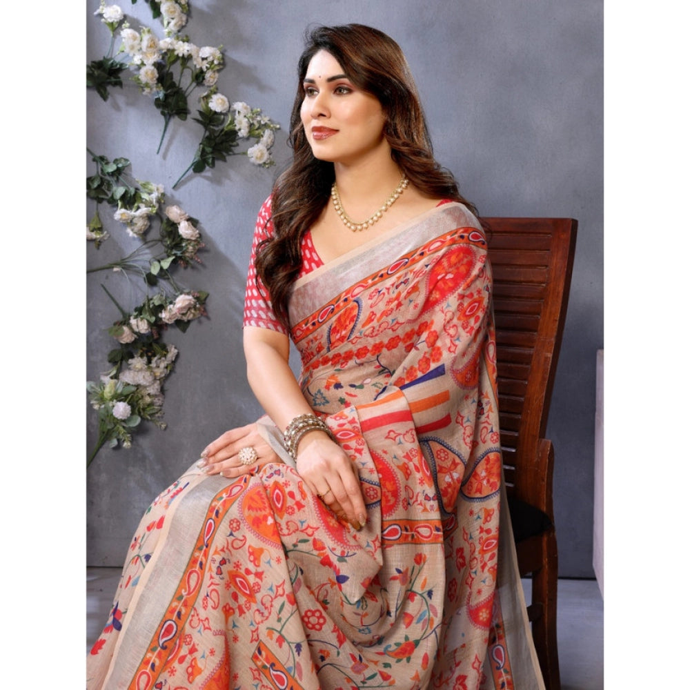 Generic Women's Linen Cotton  Printed Saree With Unstitched Blouse 5.5Mtr (Orange )