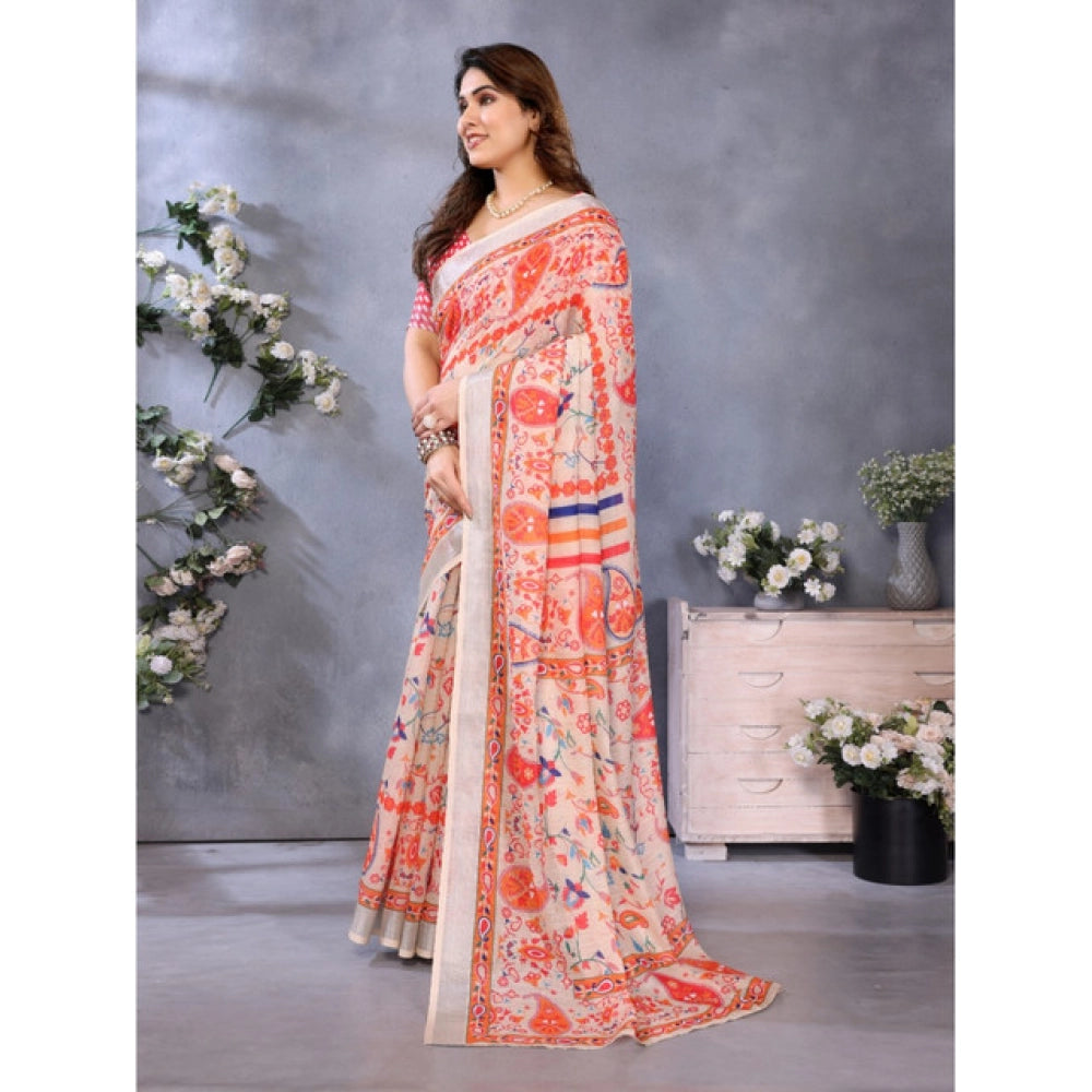 Generic Women's Linen Cotton  Printed Saree With Unstitched Blouse 5.5Mtr (Orange )
