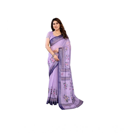 Generic Women's Linen Cotton  Printed Saree With Unstitched Blouse 5.5Mtr (Purple)