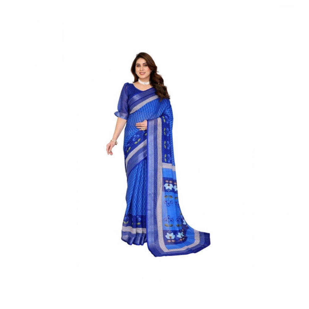 Generic Women's Linen Cotton  Printed Saree With Unstitched Blouse 5.5Mtr (Blue)