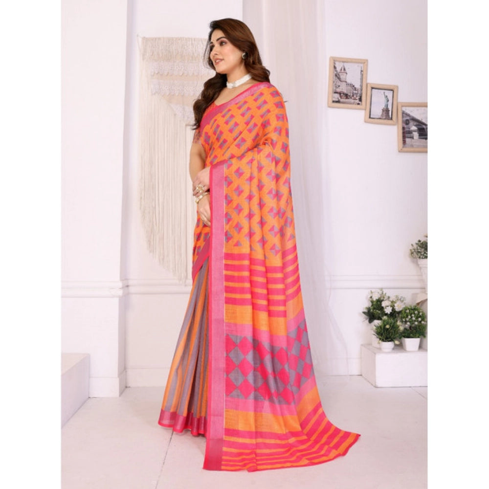 Generic Women's Linen Cotton  Printed Saree With Unstitched Blouse 5.5Mtr (Orange )