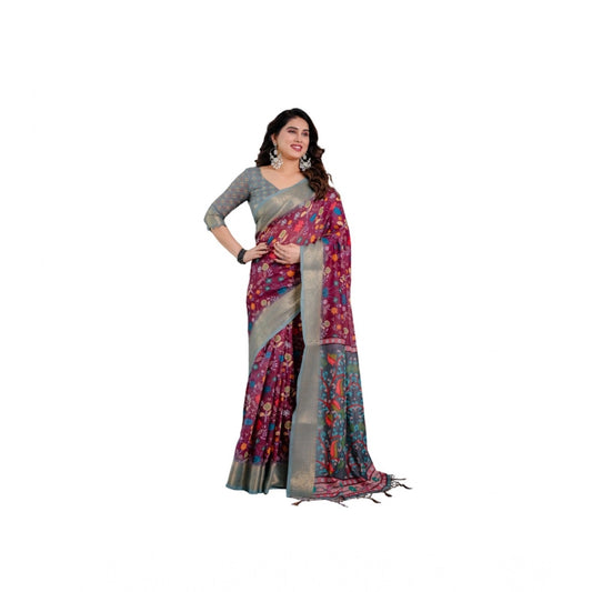Generic Women's Linen  Printed Saree With Unstitched Blouse 5.5Mtr (Purple)