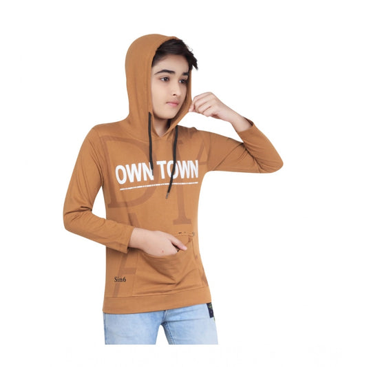 Boys Brown Printed Hooded Neck Hoodie