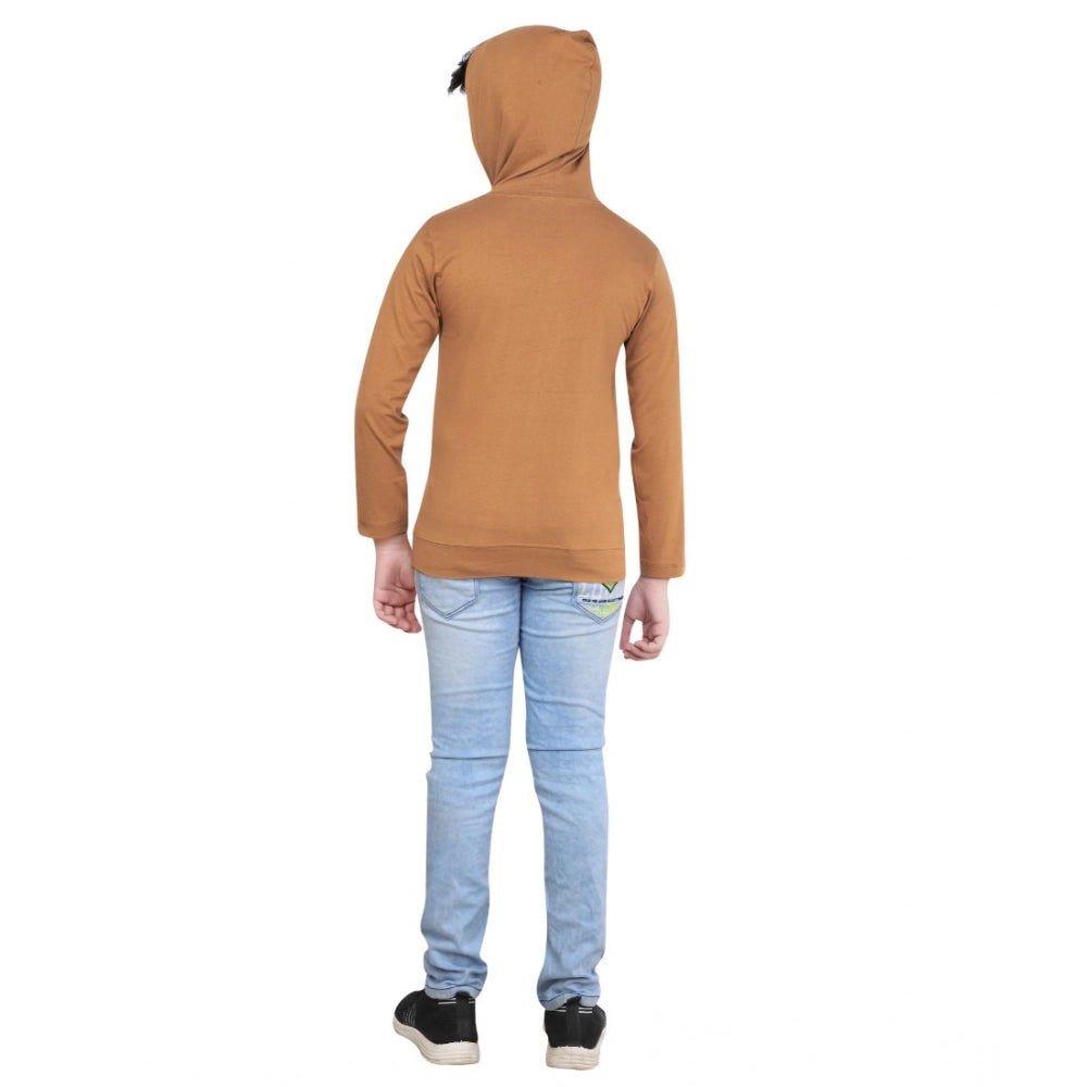 Boys Brown Printed Hooded Neck Hoodie