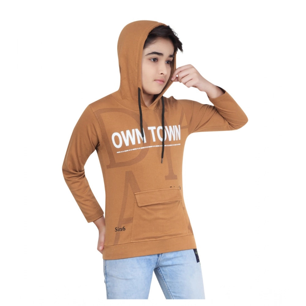 Boys Brown Printed Hooded Neck Hoodie