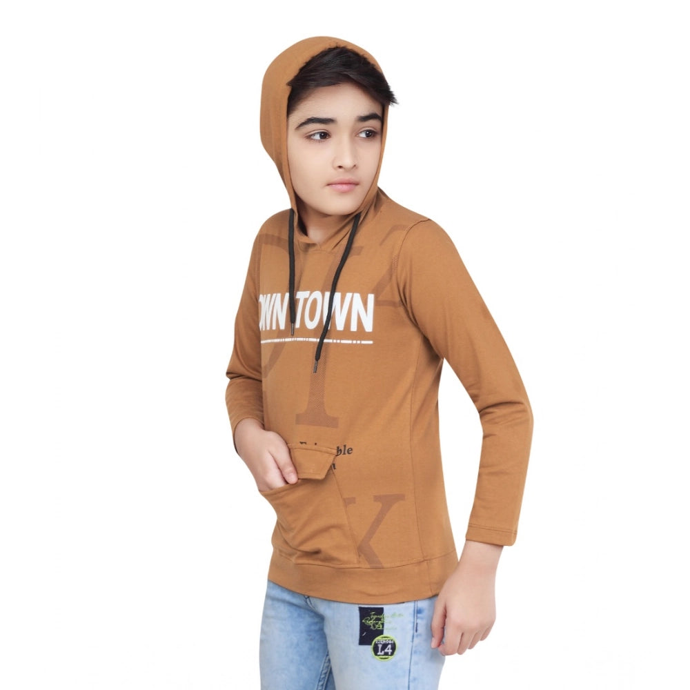 Boys Brown Printed Hooded Neck Hoodie