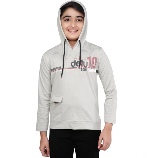 Boys Grey Printed Hooded Neck Cotton Hoodie