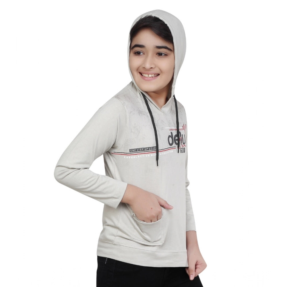 Boys Grey Printed Hooded Neck Cotton Hoodie