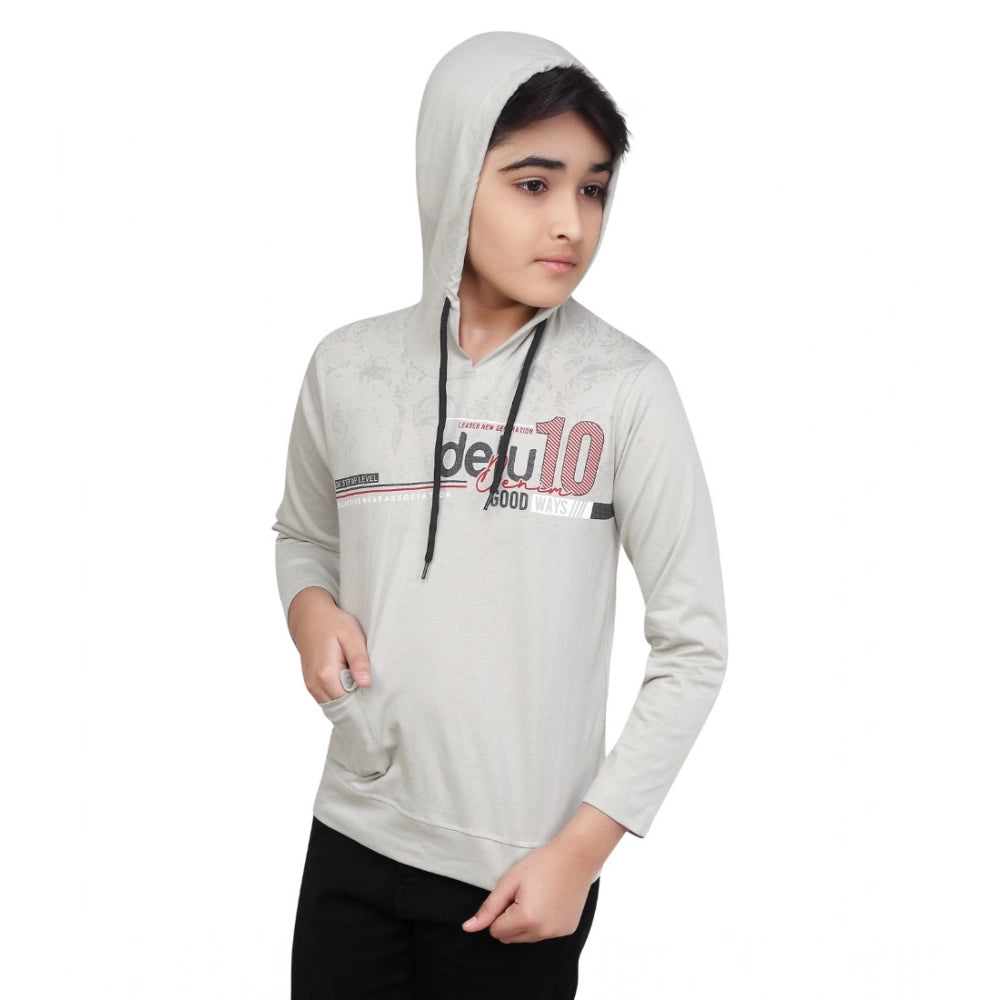 Boys Grey Printed Hooded Neck Cotton Hoodie