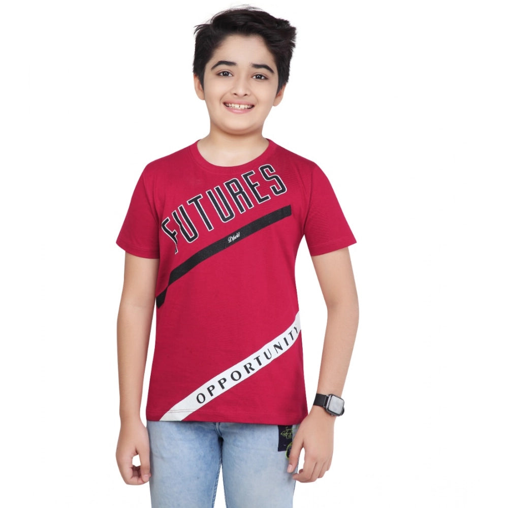 Boys Maroon Graphic Printed Cotton Round Neck T-Shirt