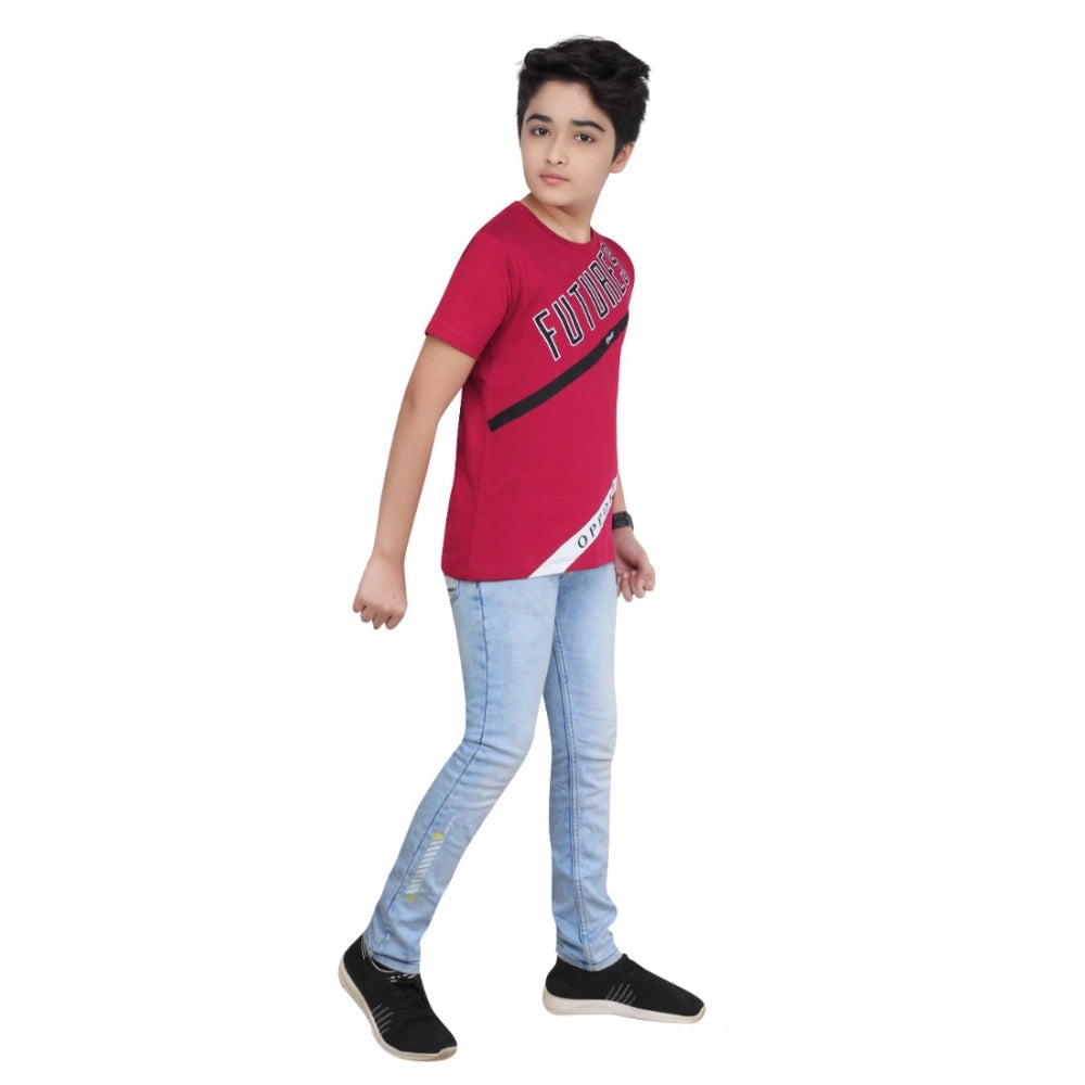 Boys Maroon Graphic Printed Cotton Round Neck T-Shirt