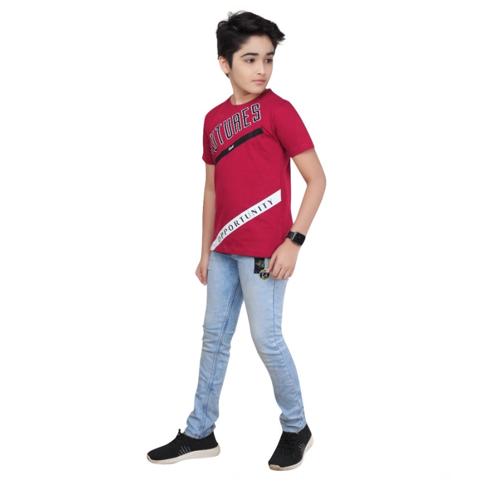 Boys Maroon Graphic Printed Cotton Round Neck T-Shirt