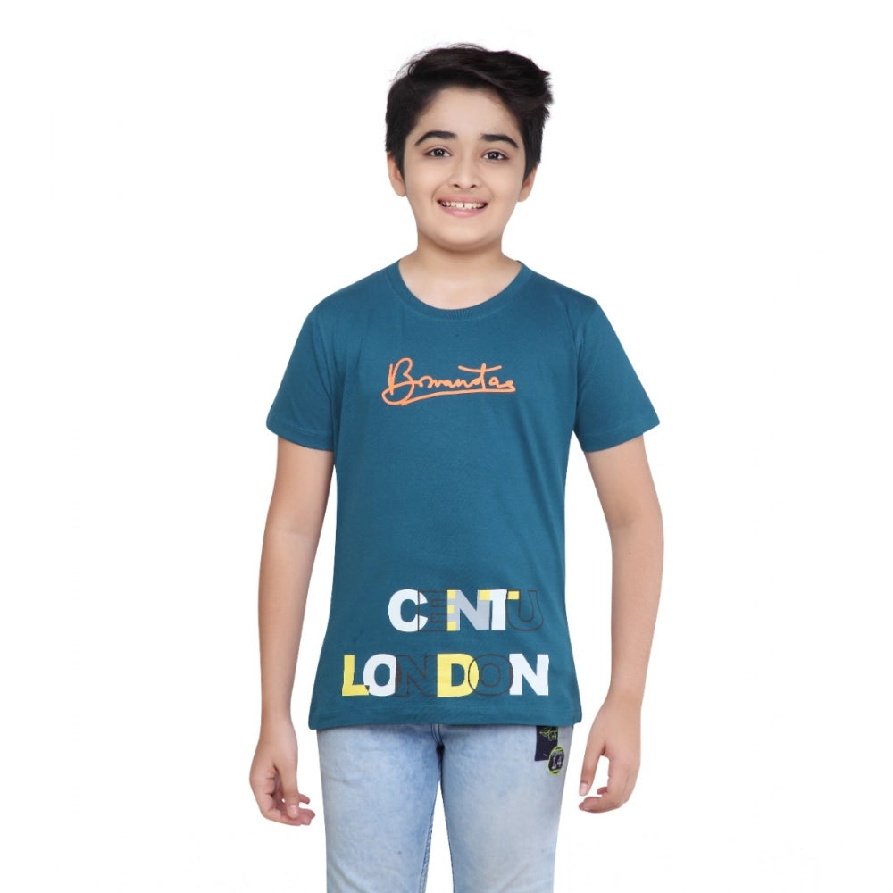 Boys Teal Green Graphic Printed Cotton Round Neck T-Shirt