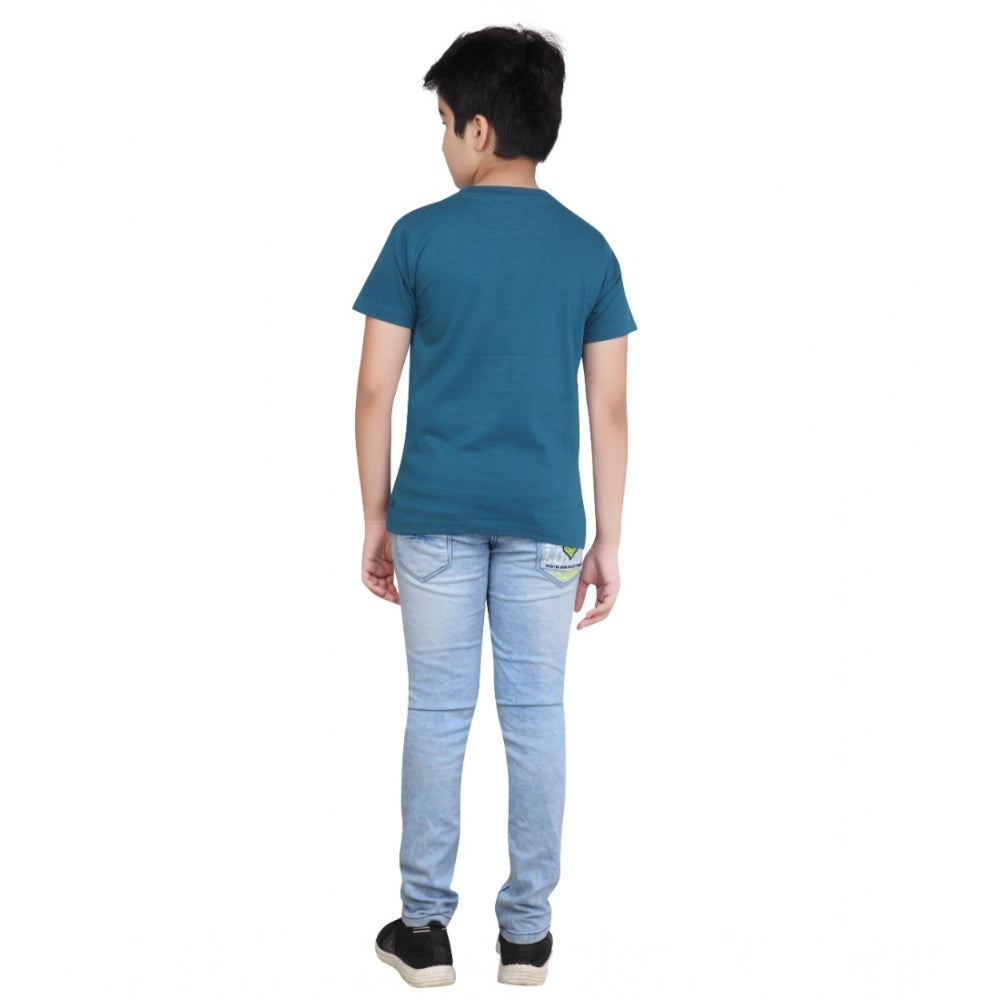 Boys Teal Green Graphic Printed Cotton Round Neck T-Shirt