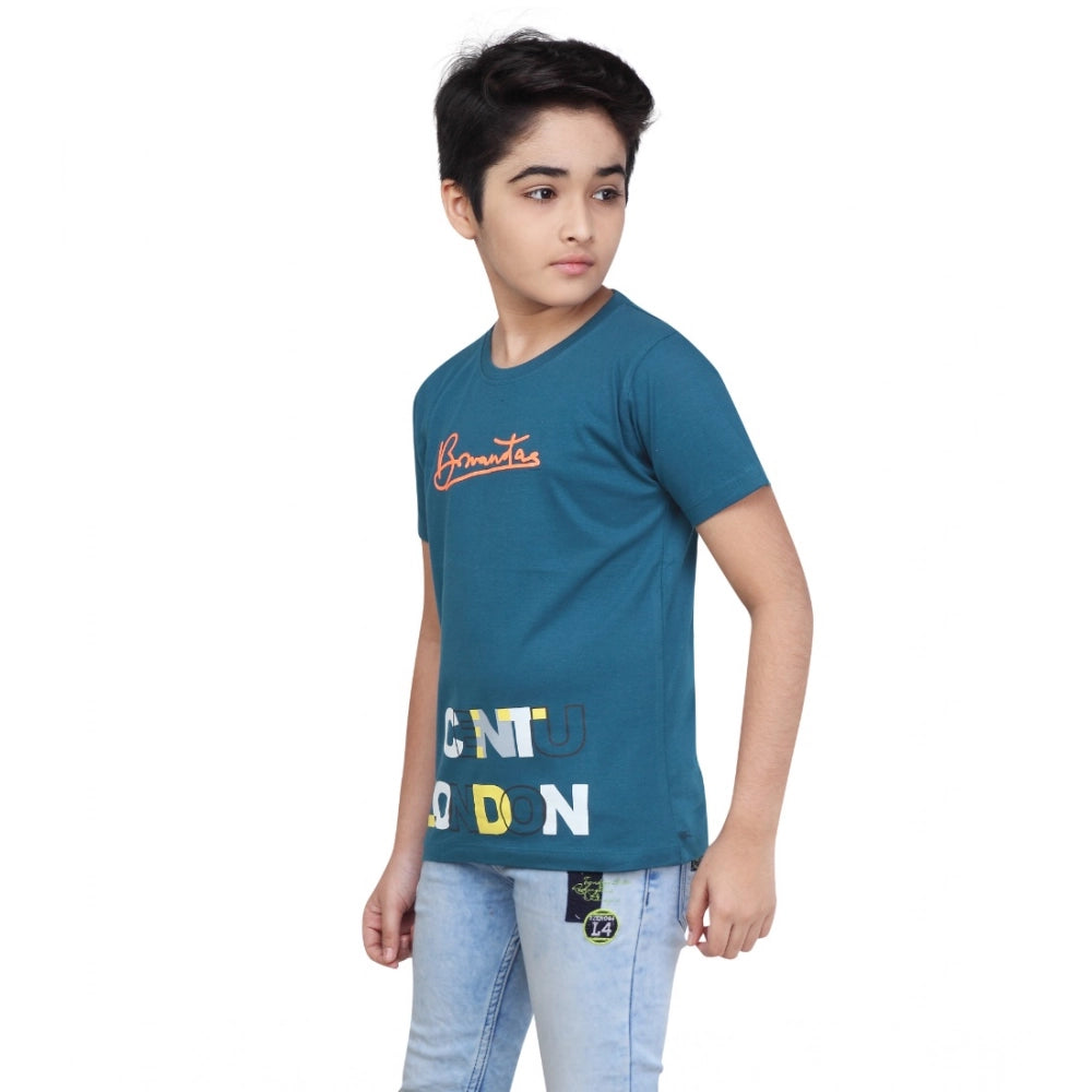 Boys Teal Green Graphic Printed Cotton Round Neck T-Shirt