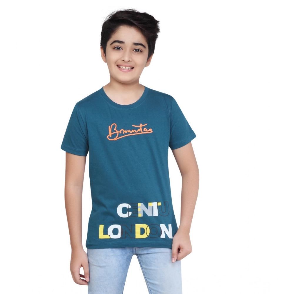 Boys Teal Green Graphic Printed Cotton Round Neck T-Shirt
