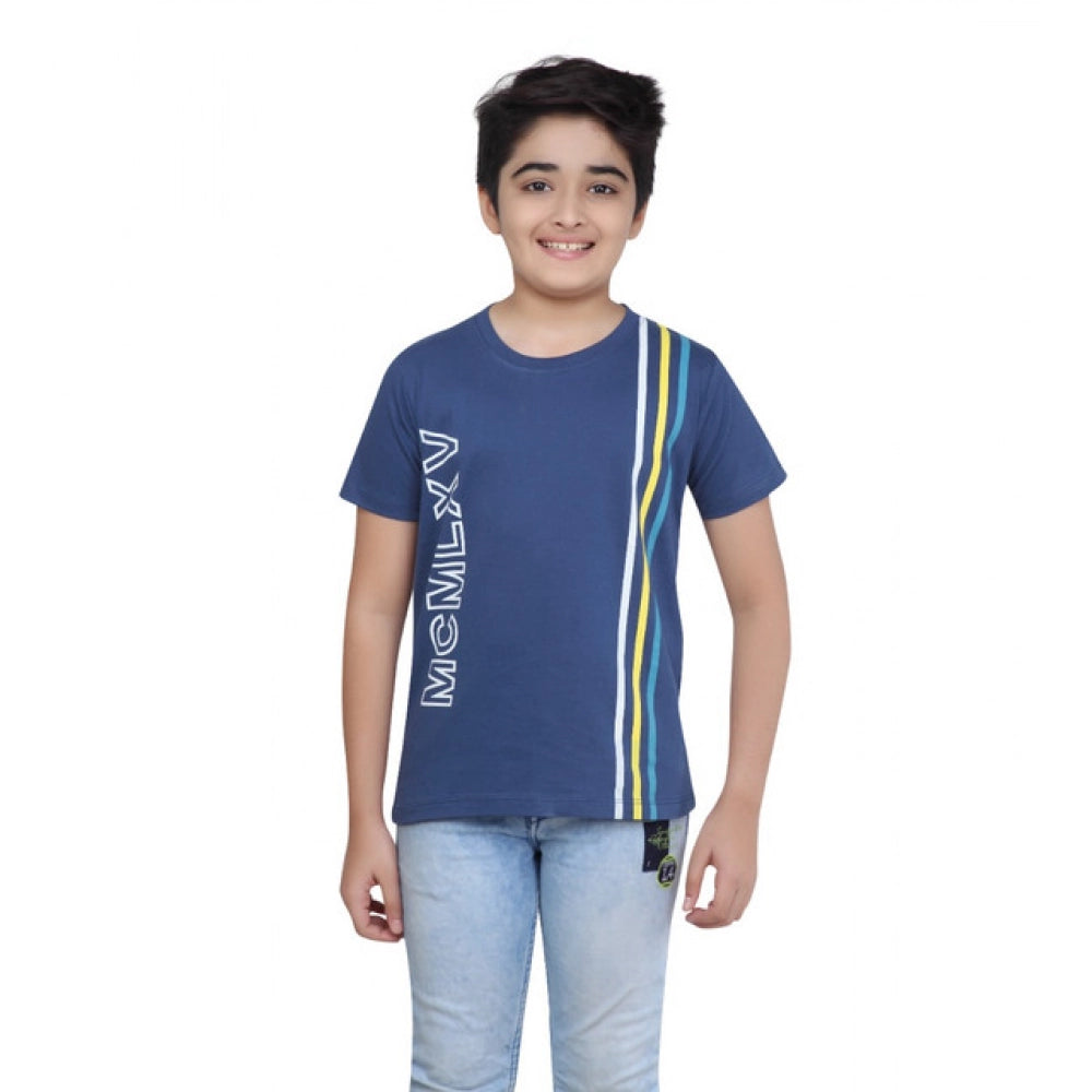 Boys Blue Graphic Printed Cotton Round Neck T-Shirt