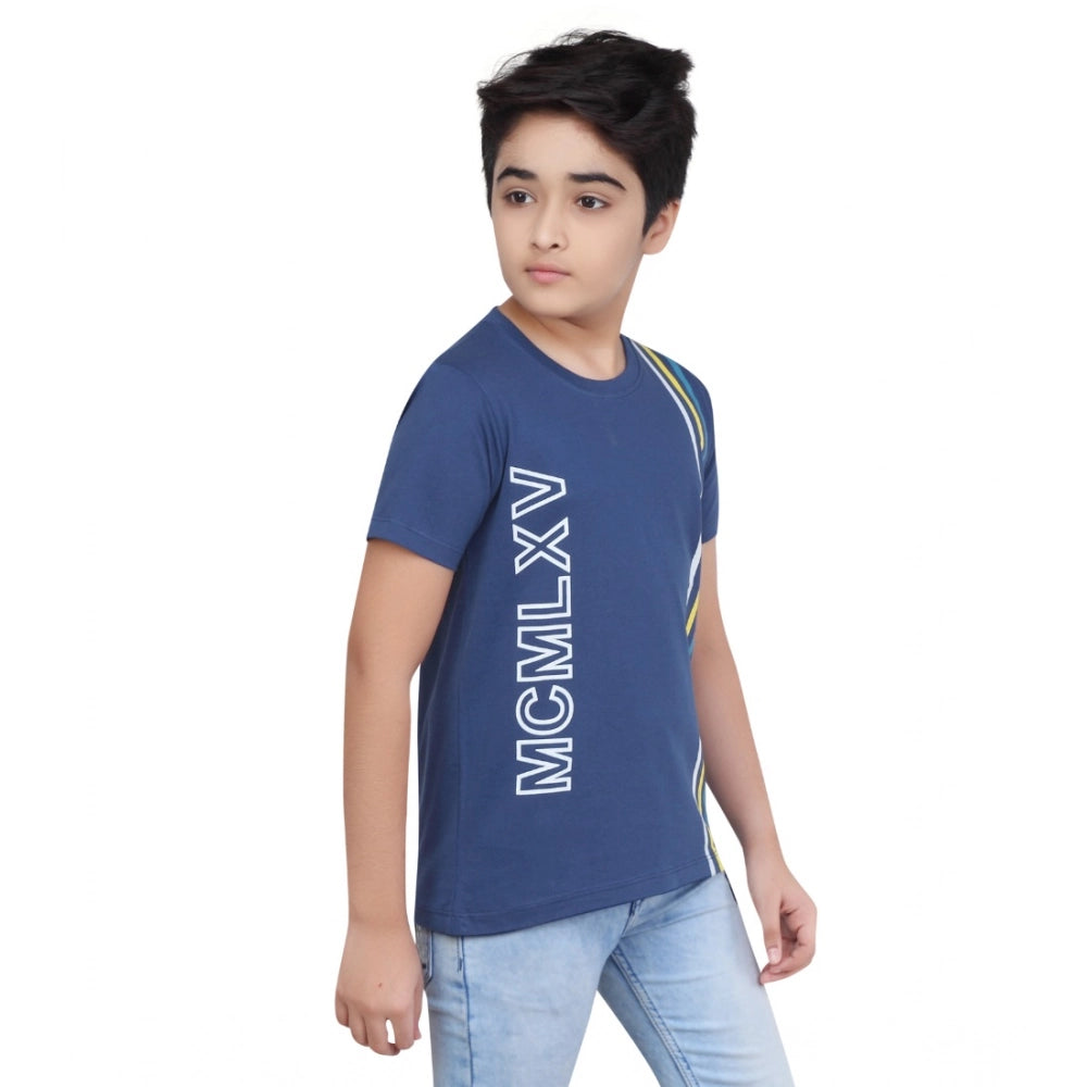 Boys Blue Graphic Printed Cotton Round Neck T-Shirt
