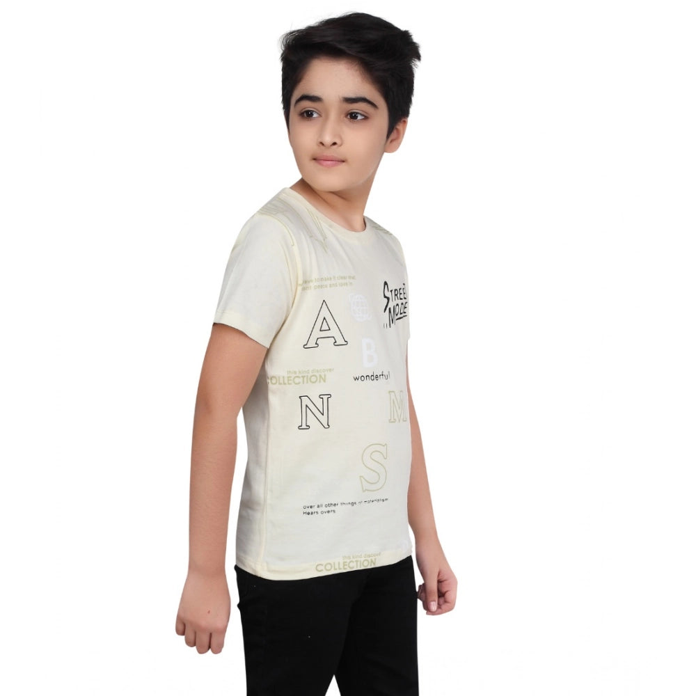 Boys Beige Graphic Printed Cotton Round Neck T-Shirt