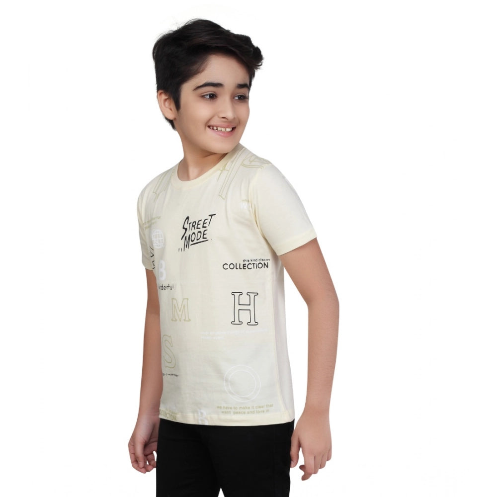 Boys Beige Graphic Printed Cotton Round Neck T-Shirt