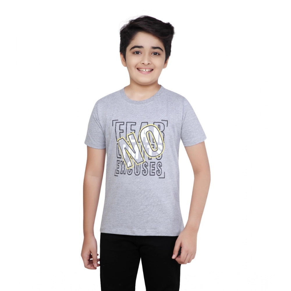 Boys Grey Melange Graphic Printed Cotton Round Neck T-Shirt