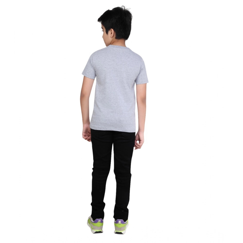 Boys Grey Melange Graphic Printed Cotton Round Neck T-Shirt