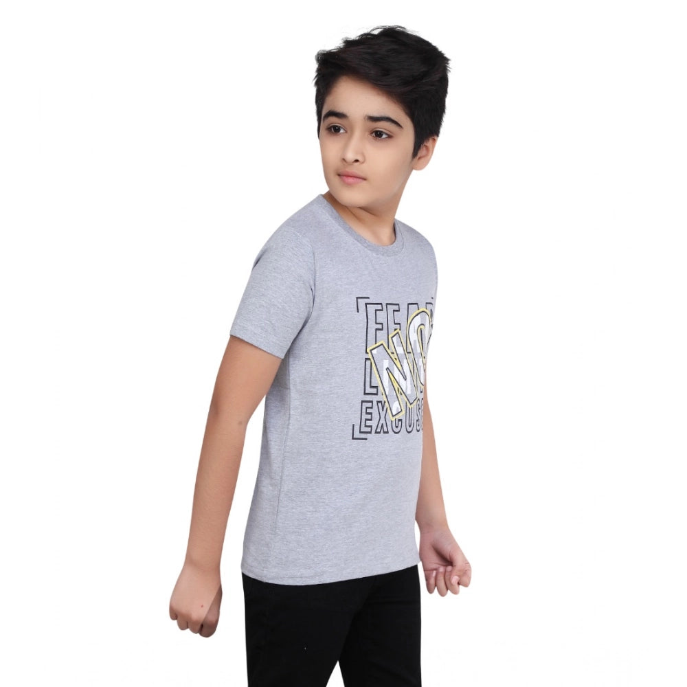 Boys Grey Melange Graphic Printed Cotton Round Neck T-Shirt