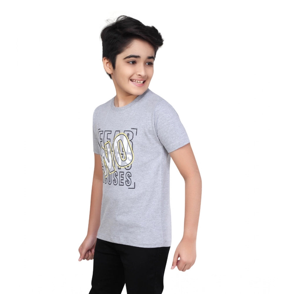 Boys Grey Melange Graphic Printed Cotton Round Neck T-Shirt