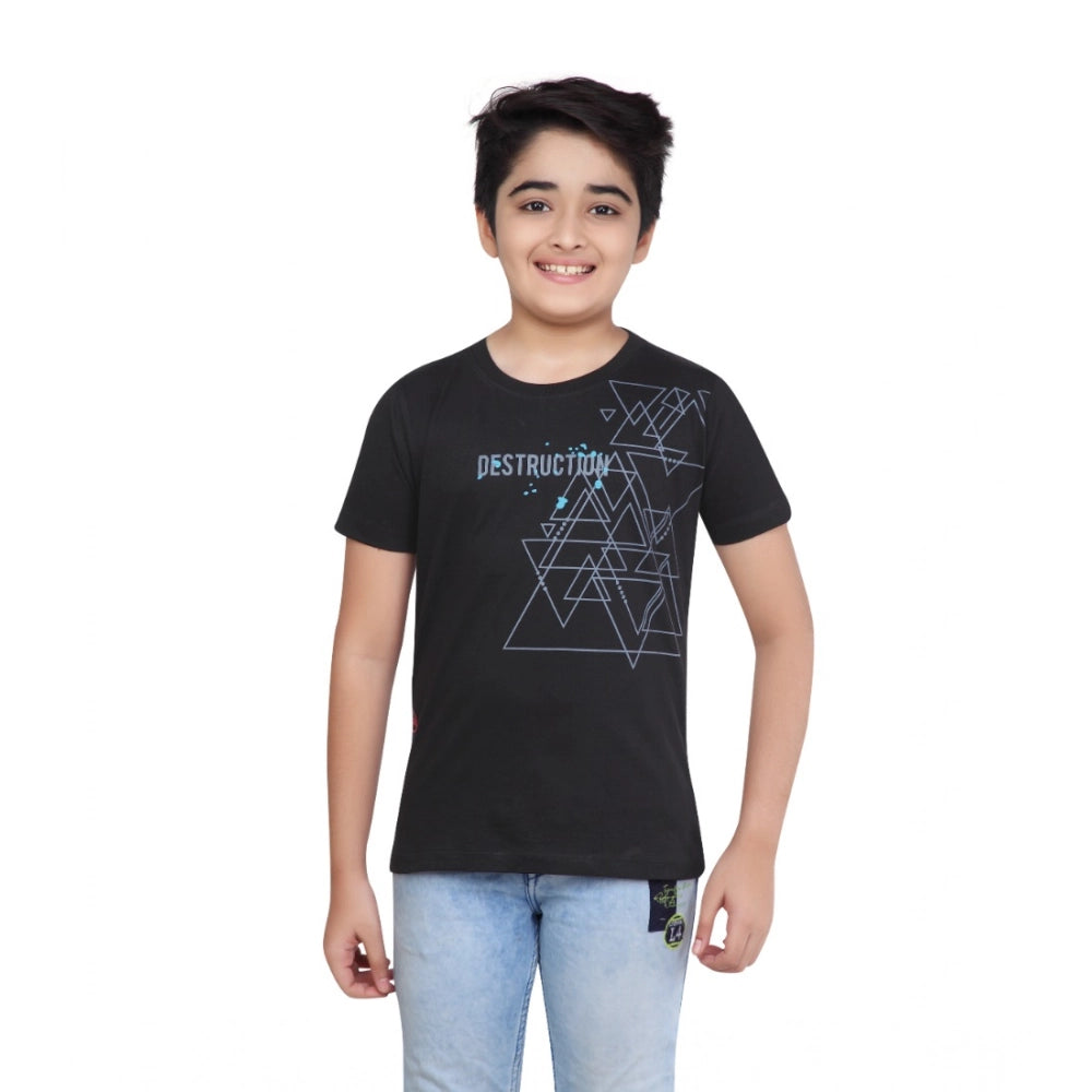 Boys Black Graphic Printed Cotton Round Neck T-Shirt